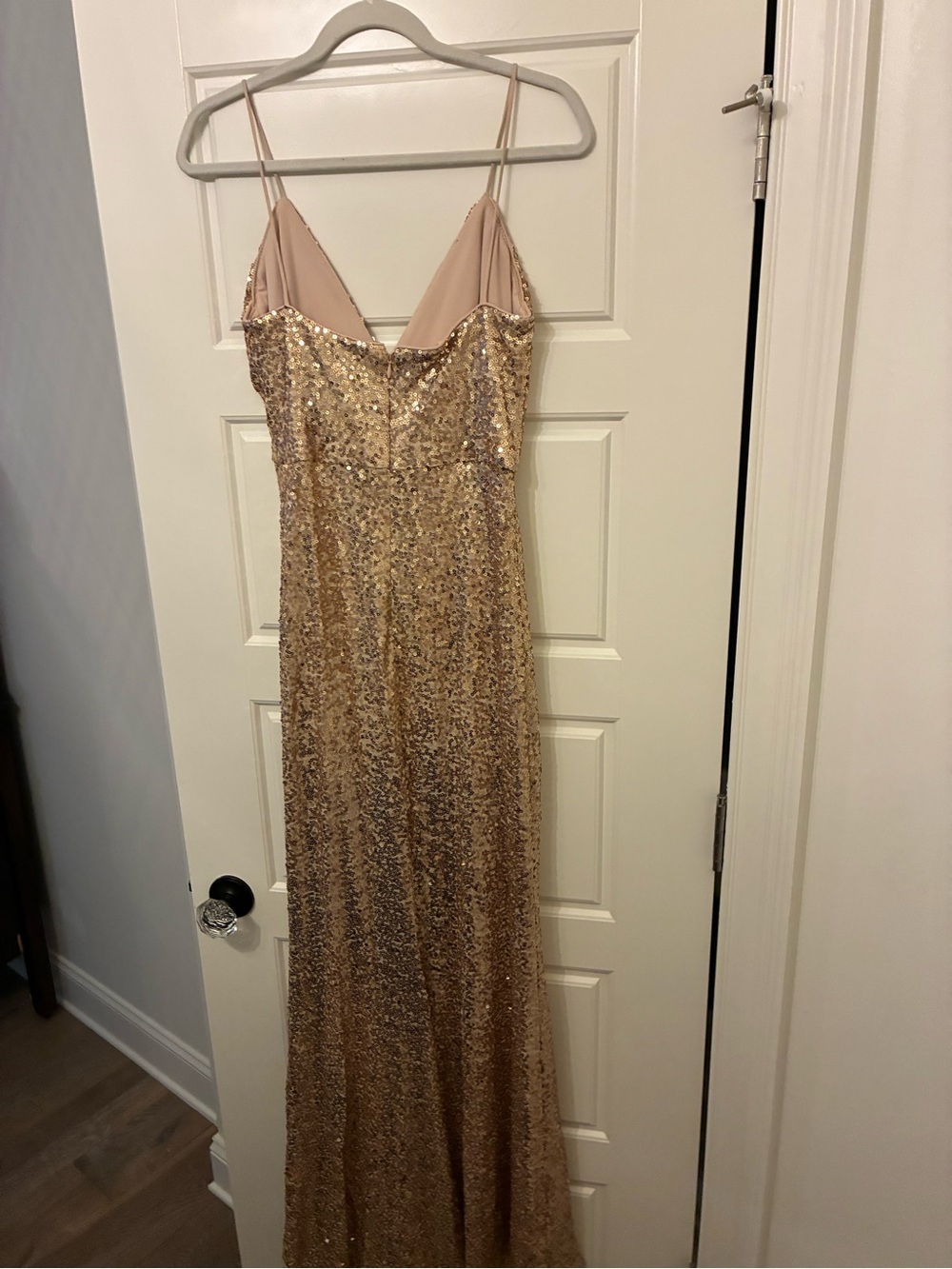 Badgley Mischka Gold Sequin Spaghetti-Strap Maxi Gown - Picture 4 of 5